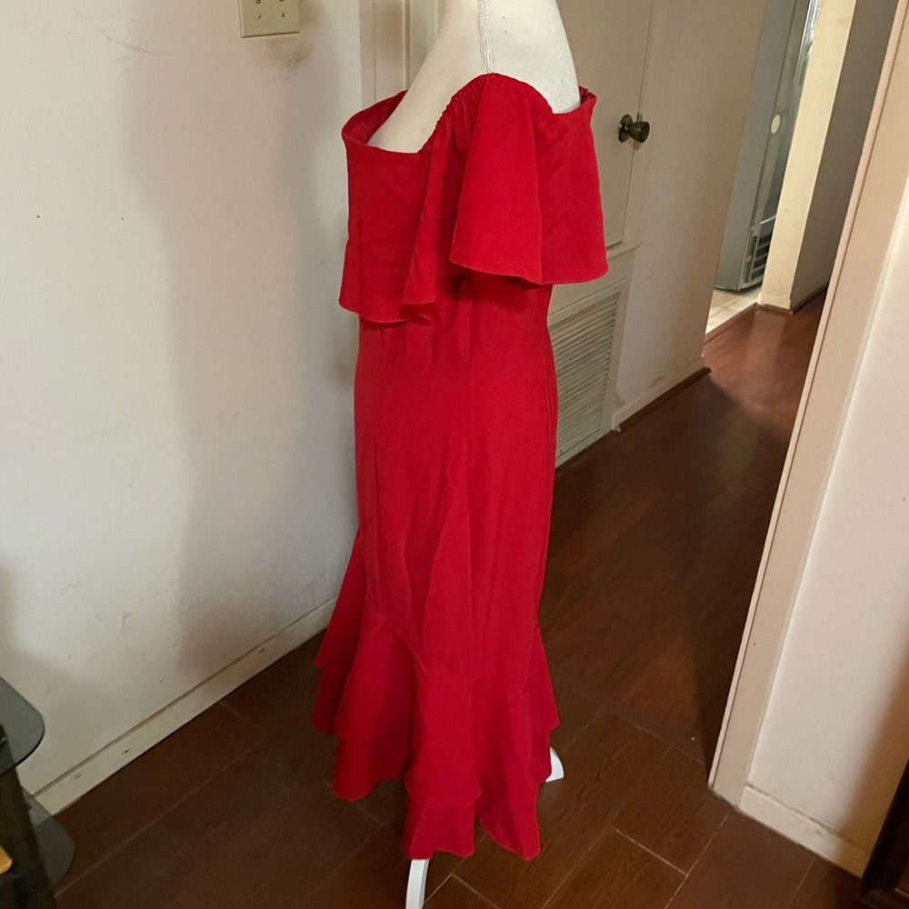 Boston Proper Red Midi Dress Size 12 on off shoulder ruffles spandex stretch - Picture 8 of 16